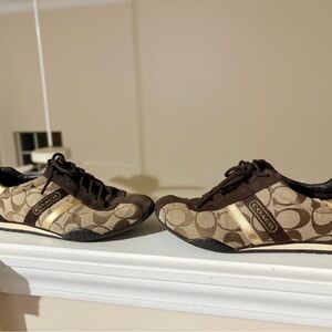 Coach Katelyn Brown and Tan Logo Sneakers with Gold Stripe